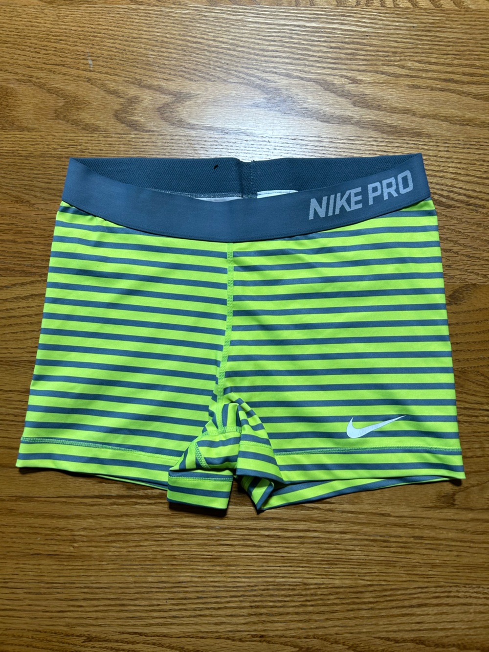 Women’s Nike Pro Shorts Grey and Neon Yellow Striped Size Large